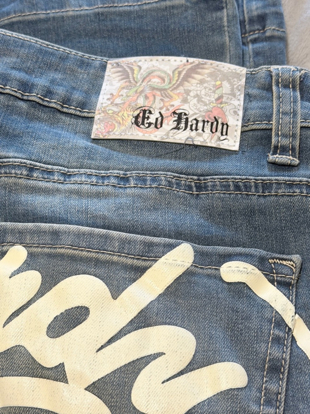 Ed Hardy Blue Denim Jeans with White Script and Multicolor Patch - Picture 6 of 8